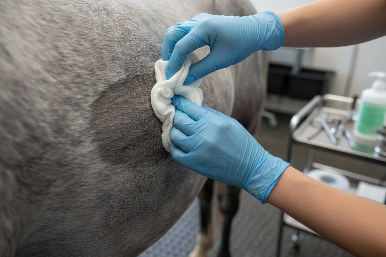 grey horse being wiped clean ready to apply bandage